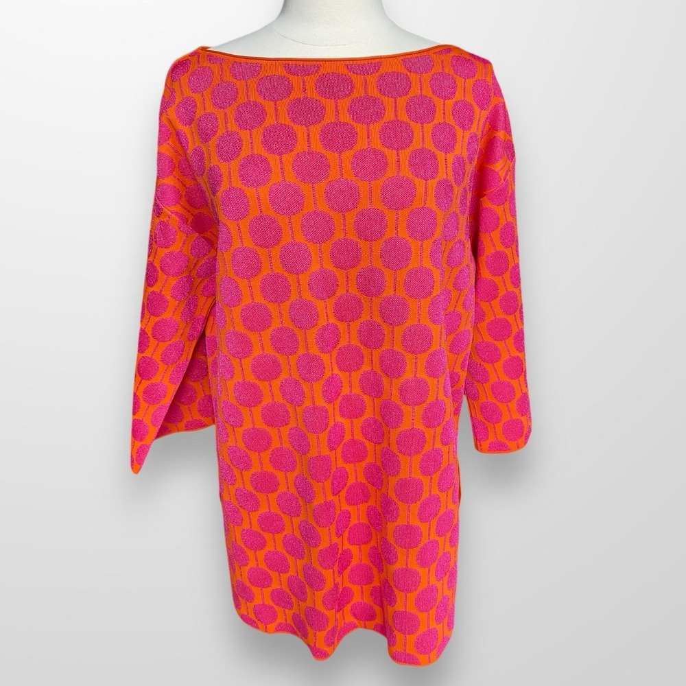 Zara Woman's Size Large Tunic Top Shirt‎ Stretch Sweater Orange Pink Jacquard